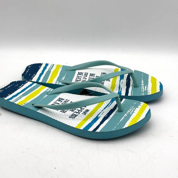Womens Flip Flops Size 7 New Teal Striped Beach Pool Sandals Summer Casual Shoes - Picture 1 of 4